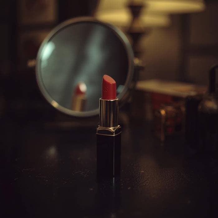 Red lipstick on a dark vanity with mirror blur