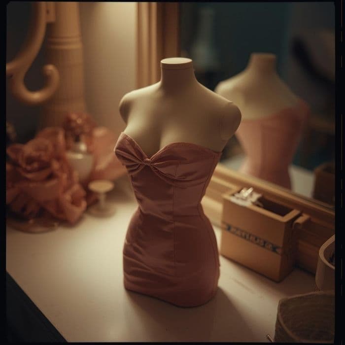 Vintage-style fashion doll torso on a dressing table