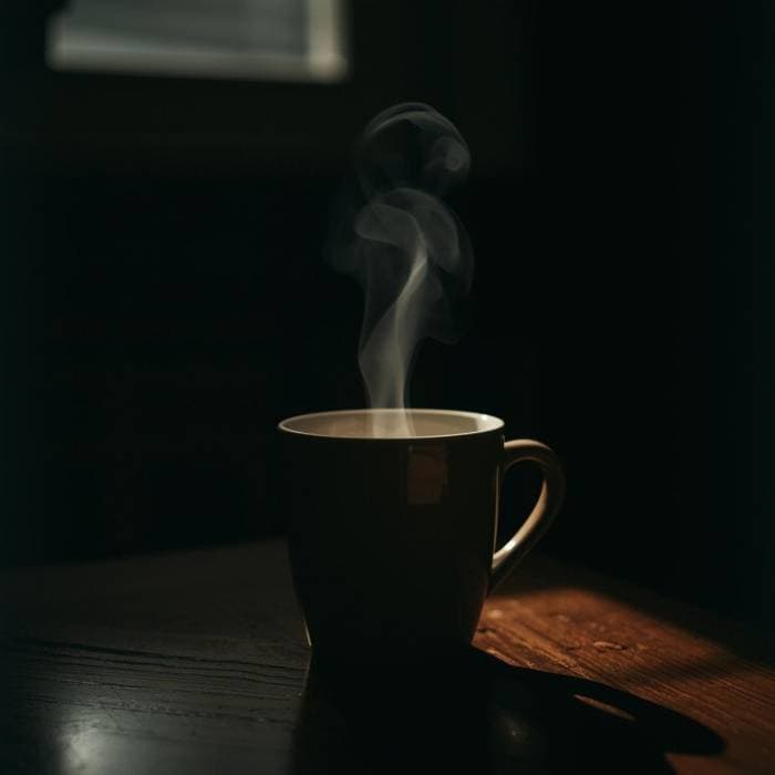 Steaming cup of coffee on a dark wooden table